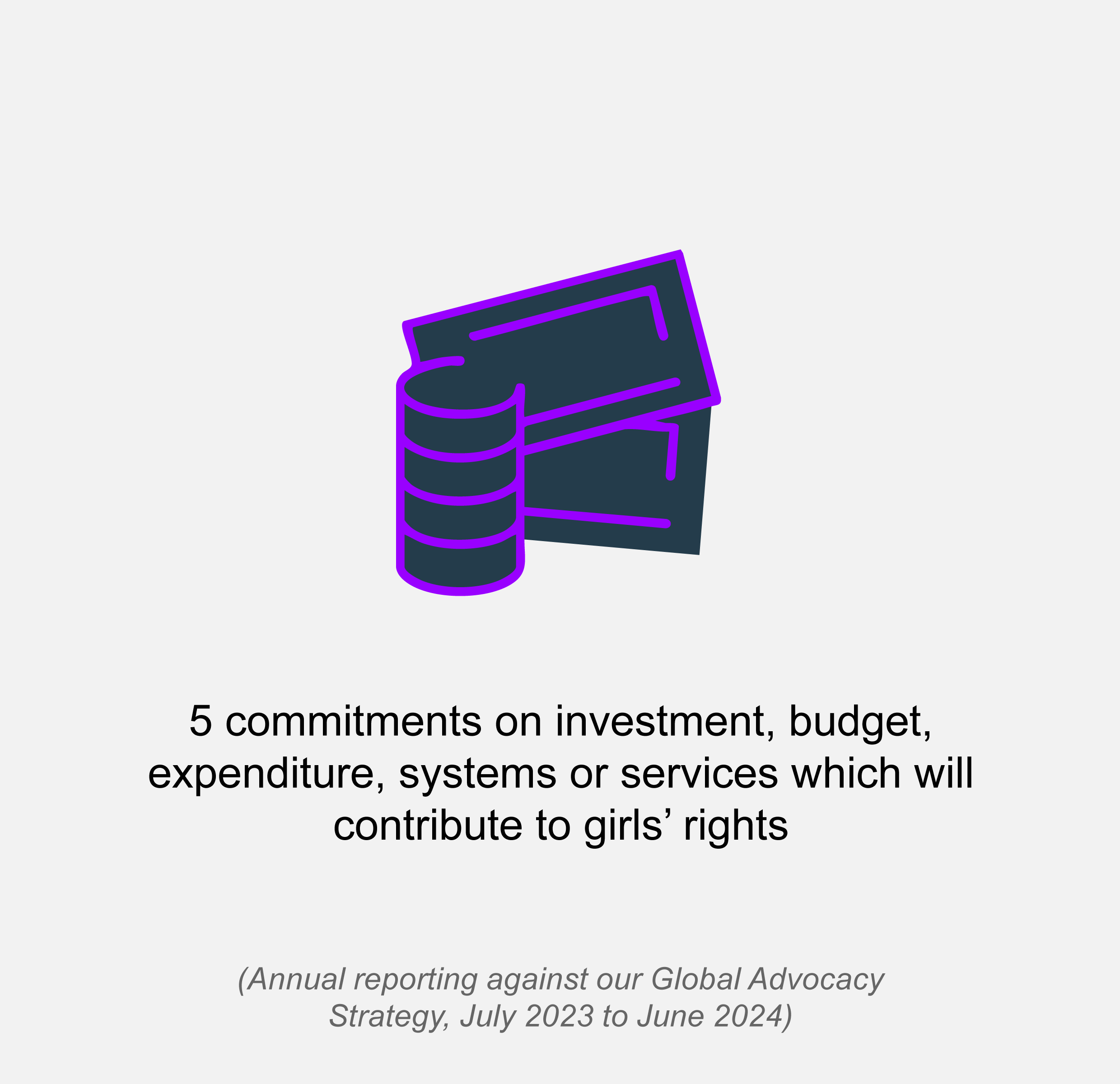 Finance icon with text 5 commitments on investment, budget, expenditure, systems or services which will contribute to girls’ rights