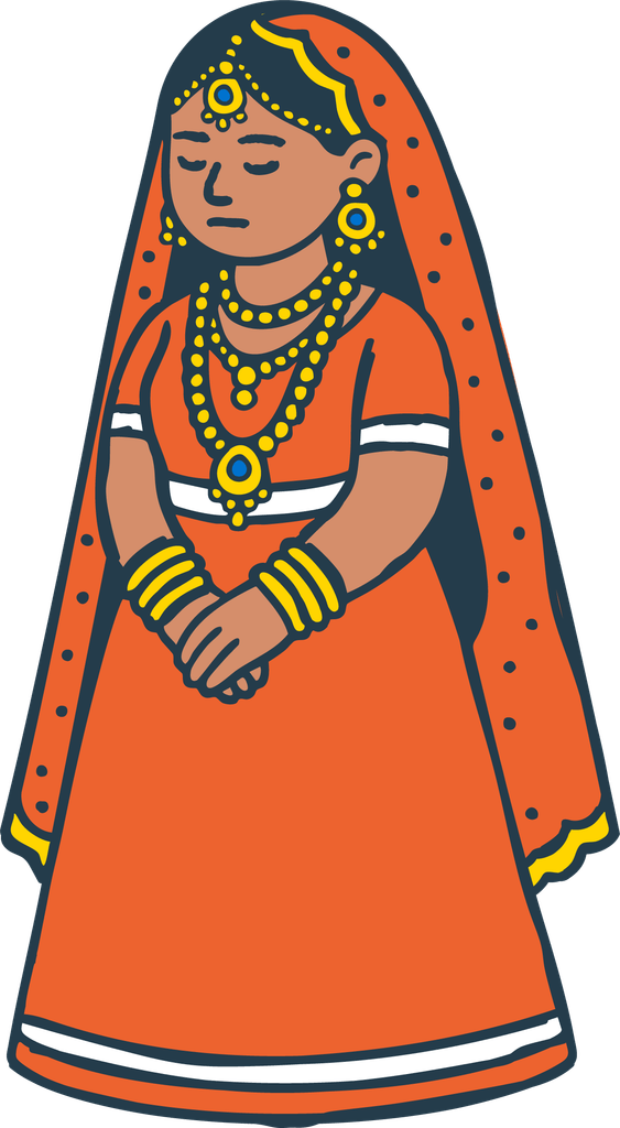 Illustration of a girl bride in a red dress.